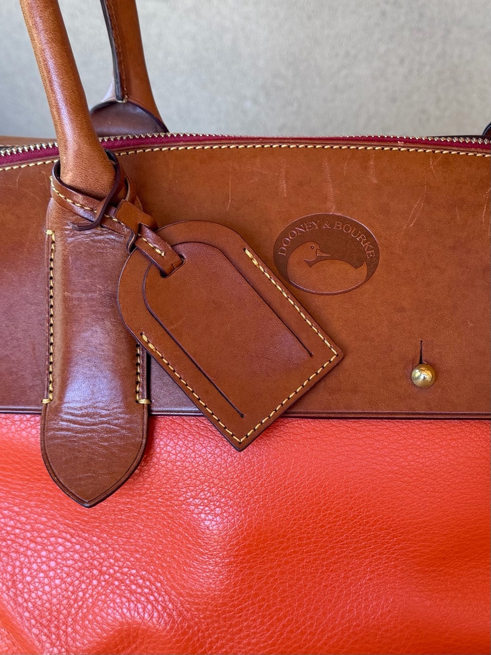 Dooney & Bourke Large Pebble Grain Leather Satchel Weekender Coral Orange Tan - Picture 7 of 15